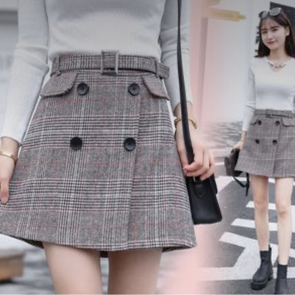Korean Plaid Belted Mini Skirt